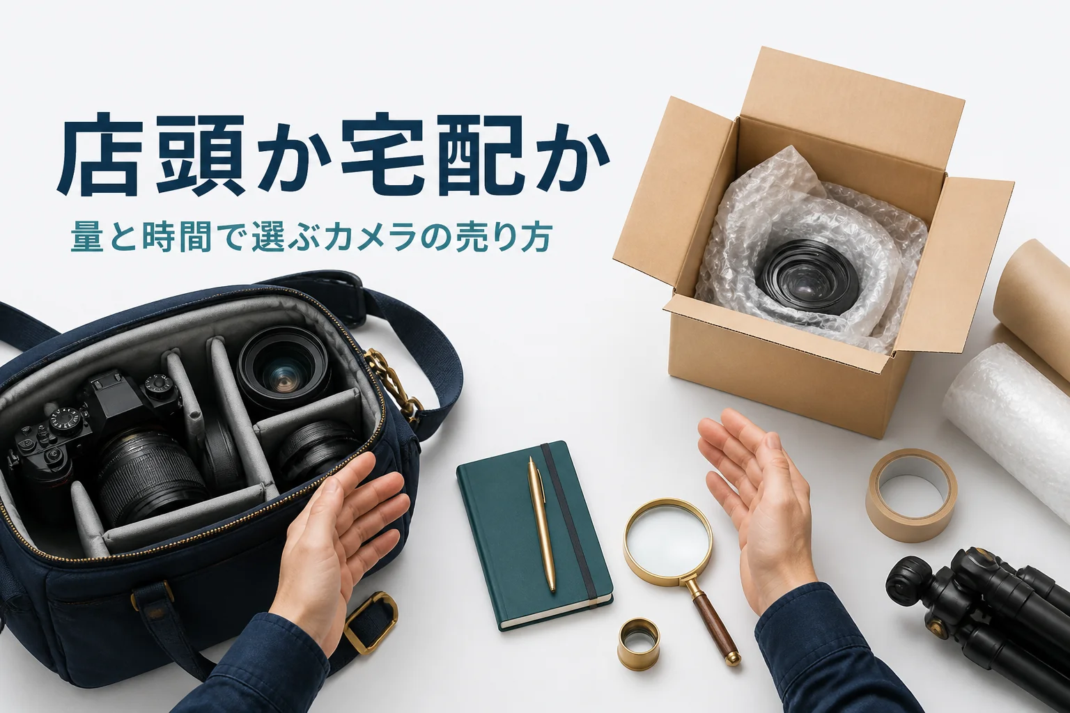 店頭に持ち込むカメラバッグと宅配用の箱を見比べる手元