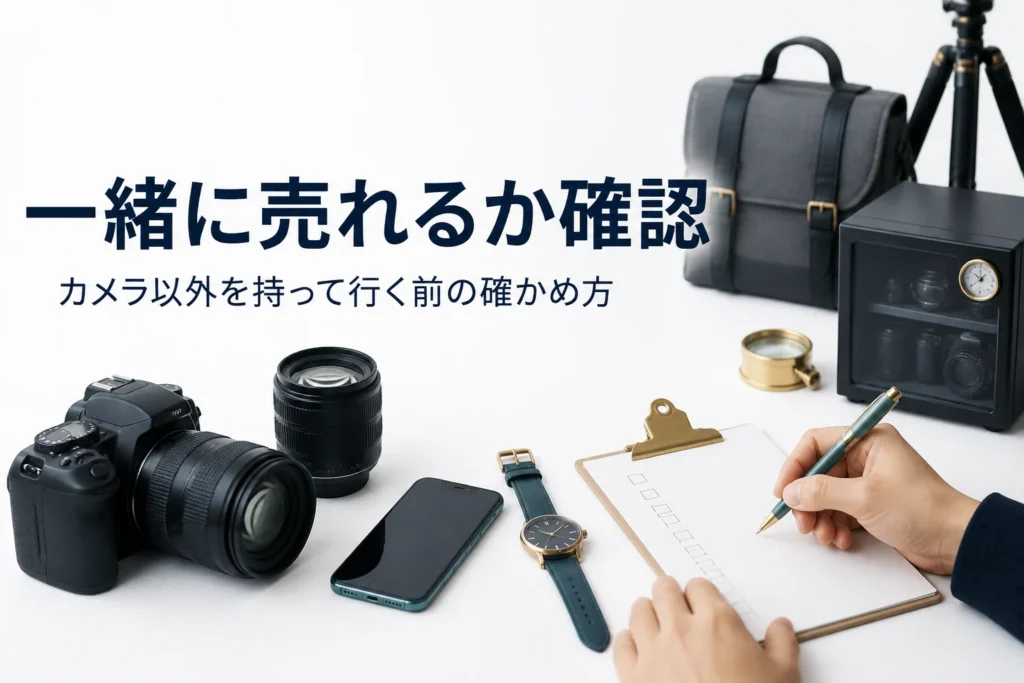 カメラと一緒に売りたいスマホや時計を並べて確かめる手元