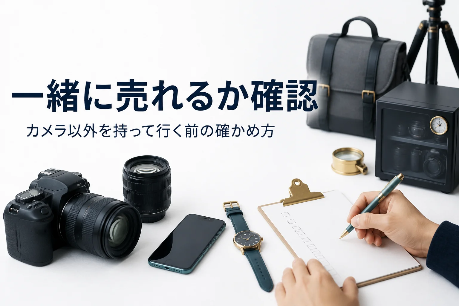カメラと一緒に売りたいスマホや時計を並べて確かめる手元