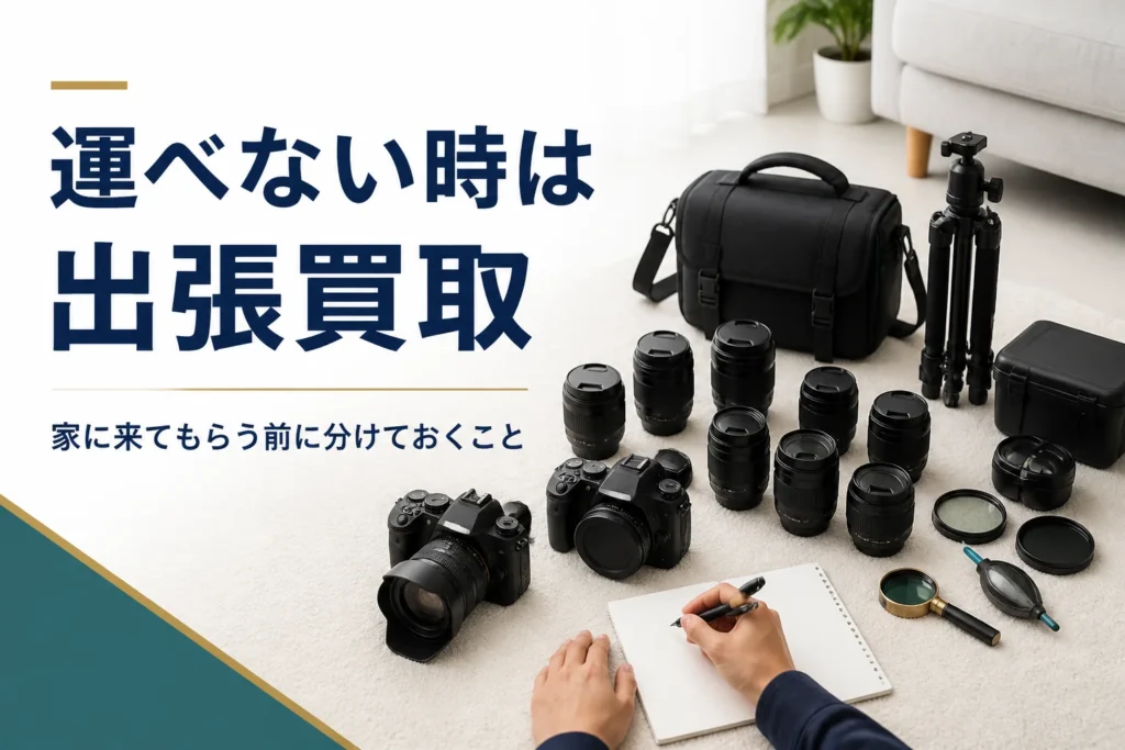出張買取の前にカメラとレンズを種類ごとに分けて並べる手元