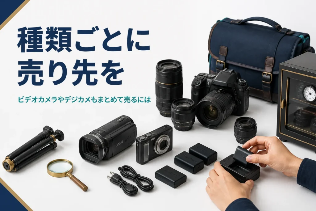 一眼レフとビデオカメラ、コンパクトデジカメを付属品と一緒にまとめる手元