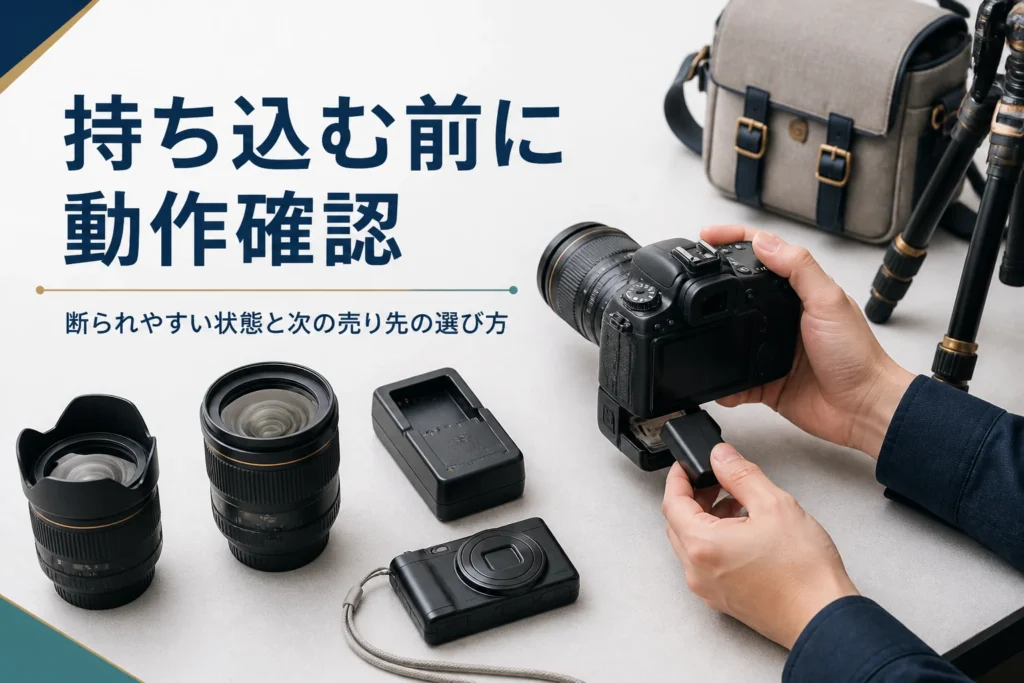 買取に出す前にカメラのバッテリーを入れ直して電源を確かめる手元