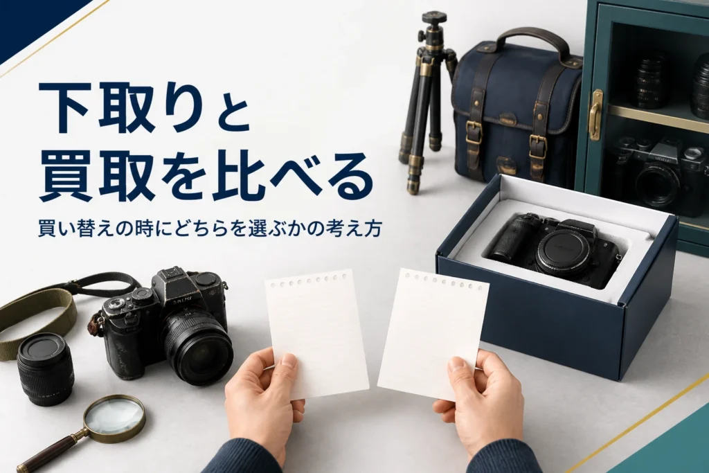 今のカメラと新しいカメラを前に下取りと買取を見比べる手元