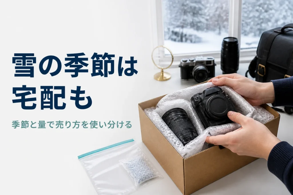 雪の季節にカメラを宅配買取に出すため緩衝材で梱包する手元
