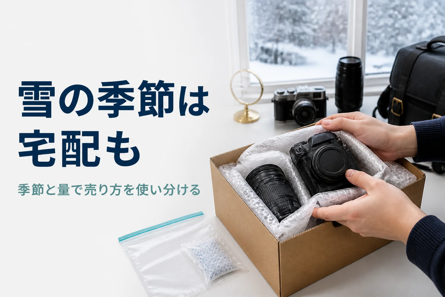 雪の季節にカメラを宅配買取に出すため緩衝材で梱包する手元