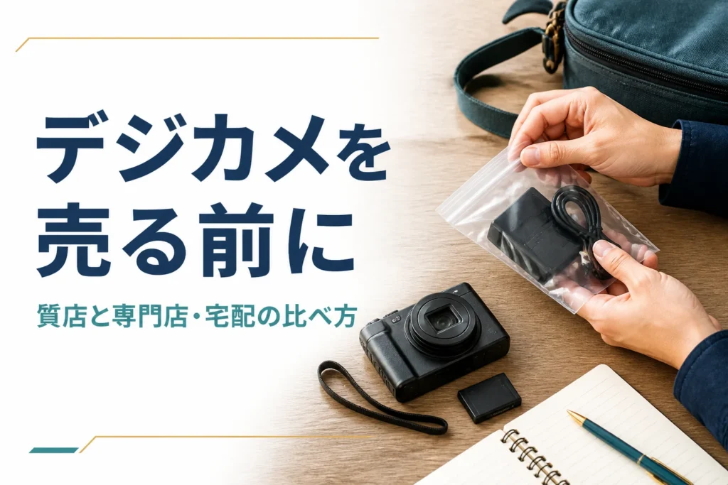 コンパクトデジカメと付属品をまとめて売る準備をする手元