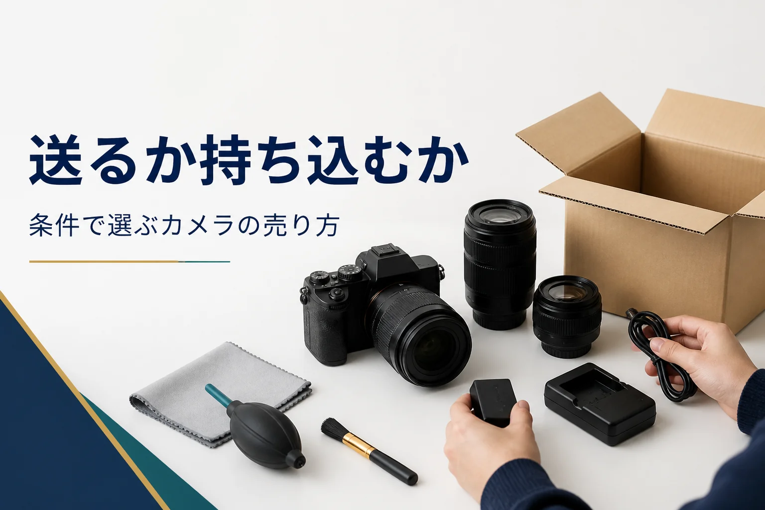 ミラーレスカメラと付属品をそろえて宅配買取の箱に詰める準備をする手元