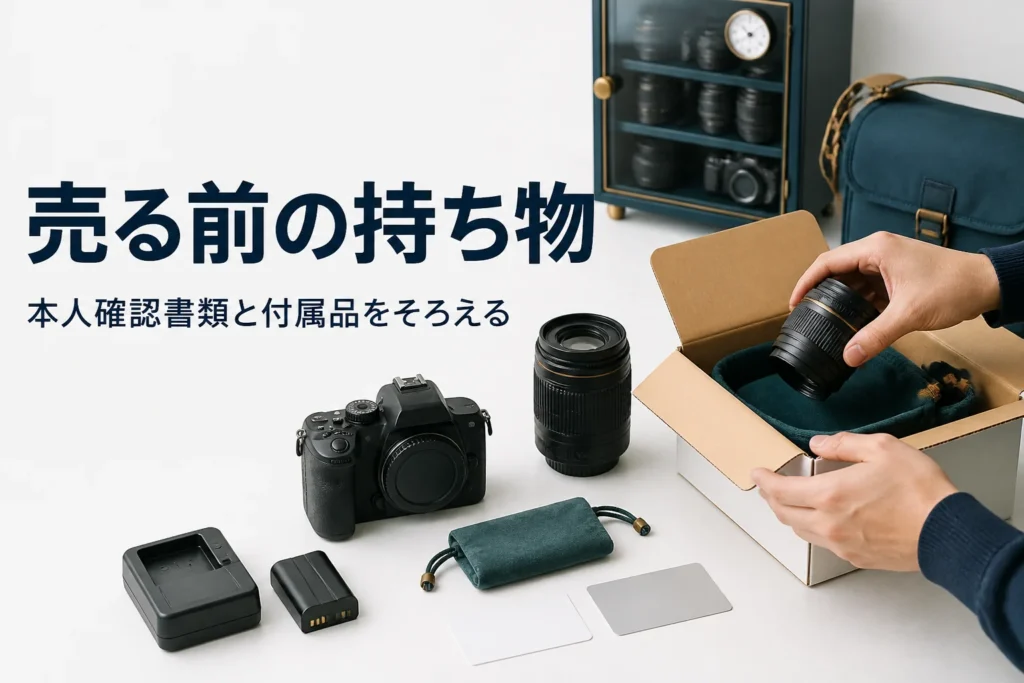 一眼レフカメラと付属品、本人確認書類をそろえて買取の準備をする手元