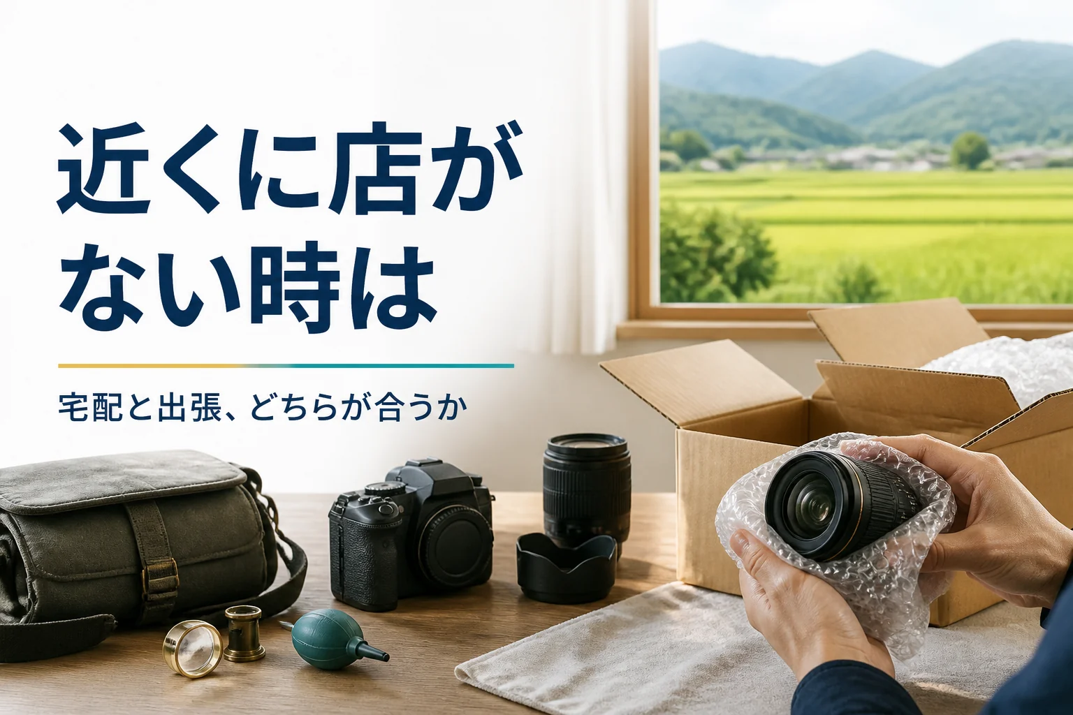 自宅でカメラとレンズを緩衝材で包み宅配買取の箱に詰める手元