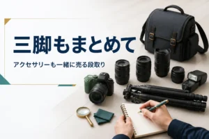 カメラと三脚・バッグなどのアクセサリーを並べて売る準備をする手元