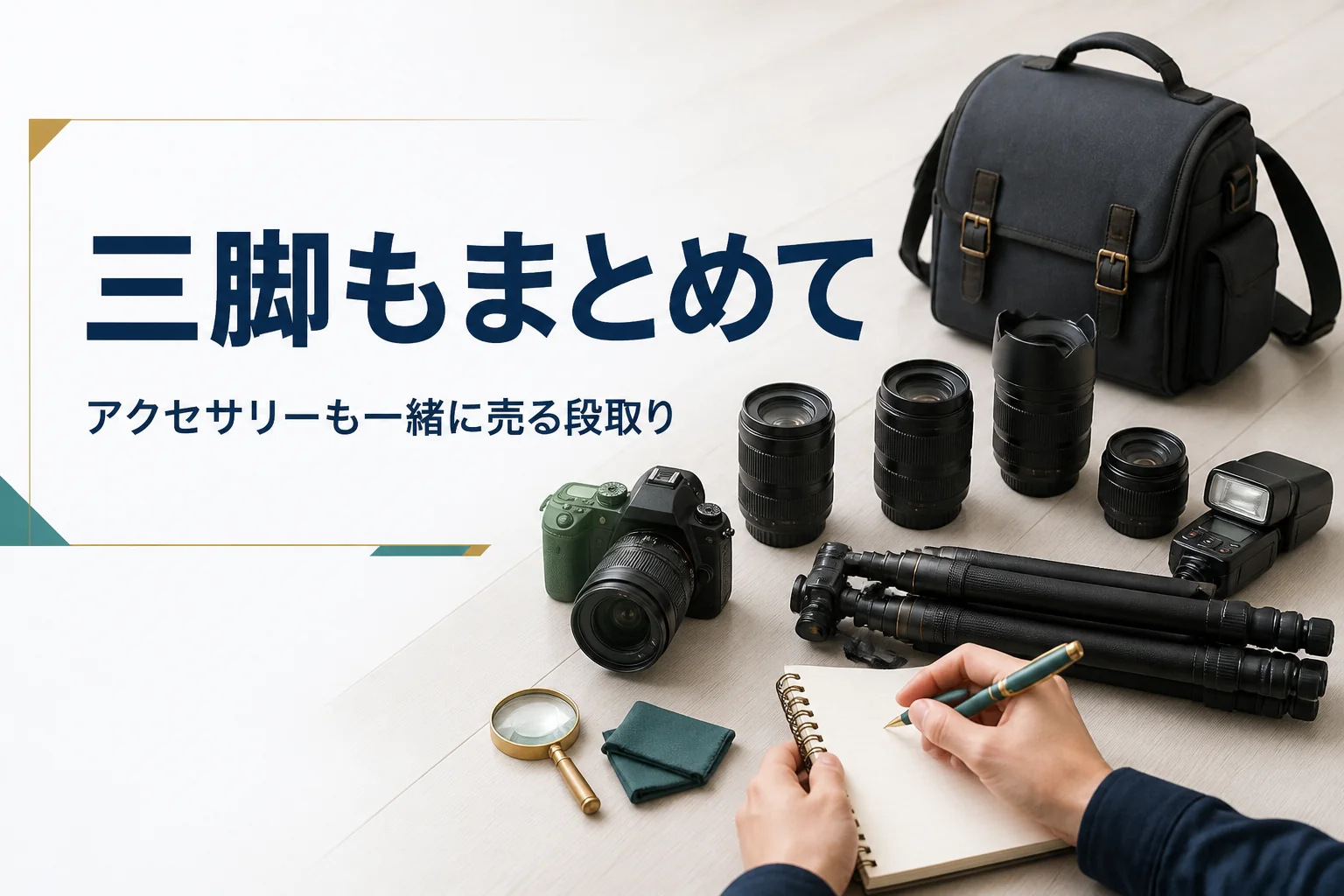 カメラと三脚・バッグなどのアクセサリーを並べて売る準備をする手元