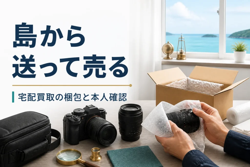 海の見える部屋でカメラとレンズを宅配買取の箱に詰める手元