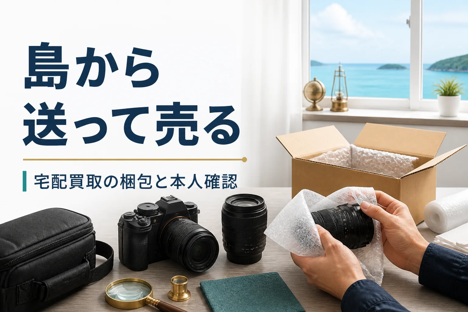 海の見える部屋でカメラとレンズを宅配買取の箱に詰める手元